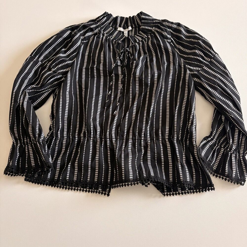 Derek Lam 10 Crosby Calypso Diamond Striped Blouse Black White Tie Neck Size 8